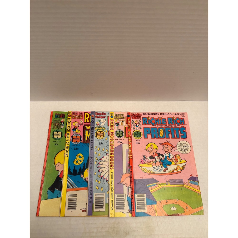 Richie Rich Comic Book Lot 5 Harvey World Profits Bank Books Casper Gems Vintage